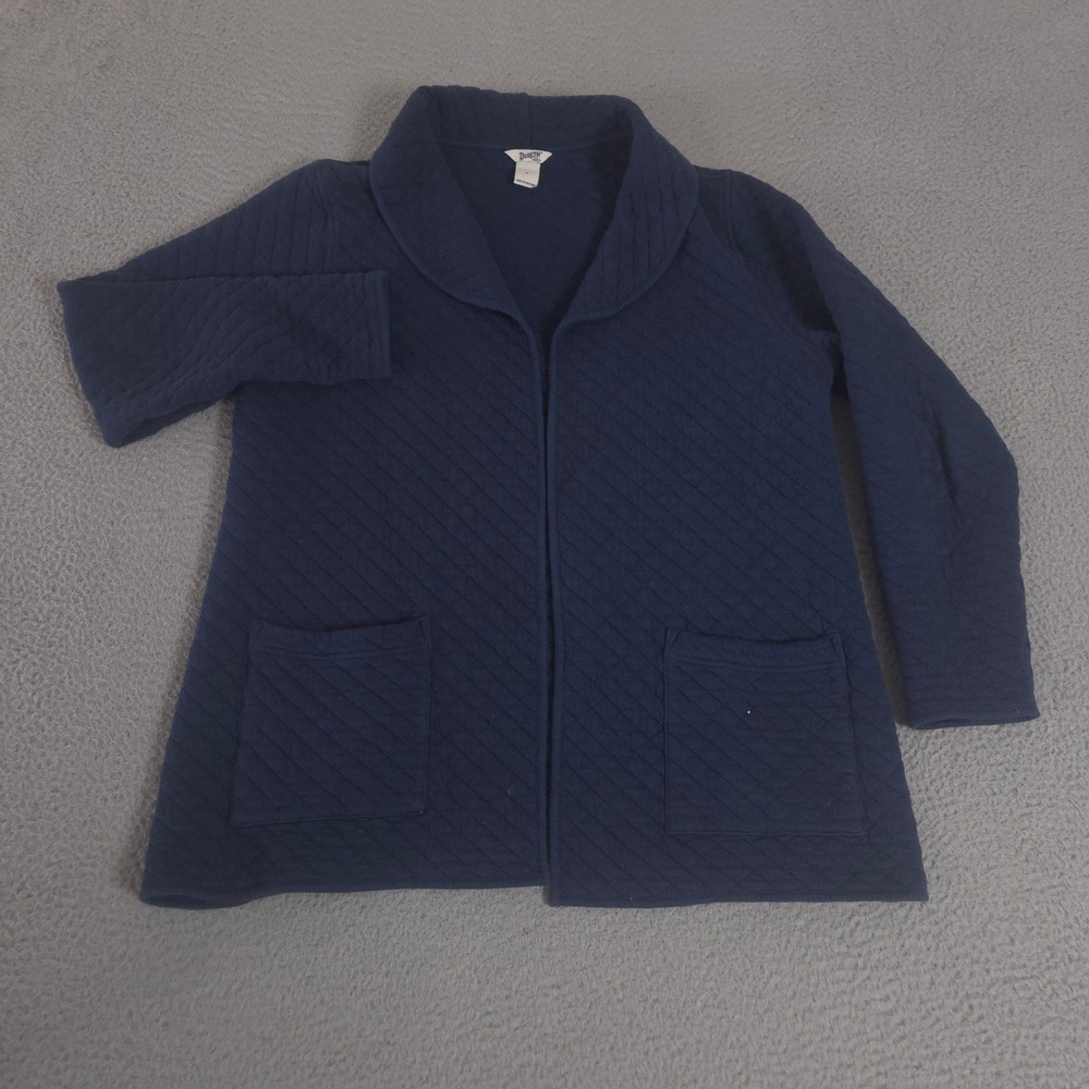 Duluth Trading Sweater Womens L Navy Quilted Cardigan Shawl Collar Open Front